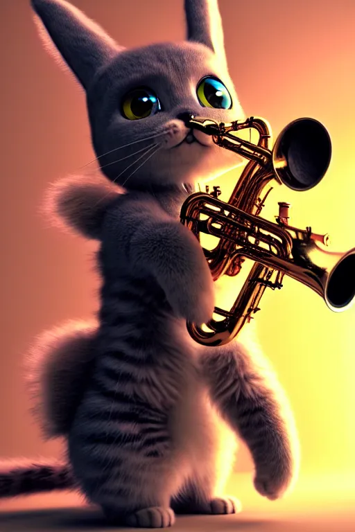 Image similar to high quality 3 d render very cute fluffy cyborg! cat plays saxophone, cyberpunk highly detailed, unreal engine cinematic smooth, in the style of blade runner & detective pikachu, hannah yata charlie immer, moody light, low angle, uhd 8 k, sharp focus