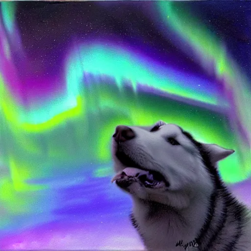 Image similar to a siberian husky, as aurora borealis, airbrush painting