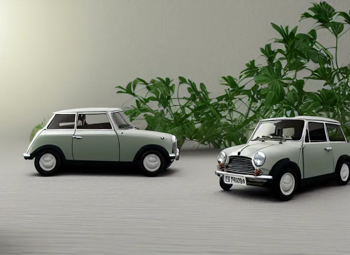 Image similar to a small miniature of a Mini Cooper S 1963 on a white table near a vase with a plant, 3d render, octane render, unreal engine 5, path tracing, serene landscape, calm, relaxing, beautiful landscape, highly detailed, high quality, 4k, symmetrical, low contrast
