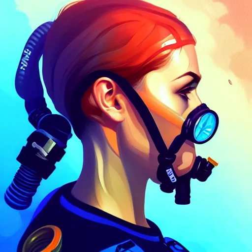 Image similar to a profile photo of a diver with oxygen mask, side profile in underwater, highly detailed, digital painting, artstation, concept art, smooth, sharp focus, illustration by Sandra Chevrier