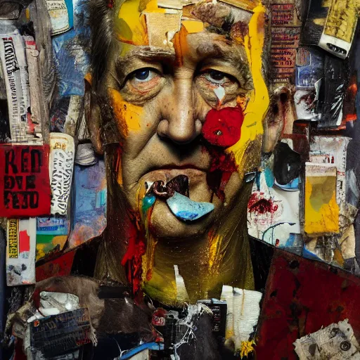 Prompt: hyperrealistic, photorealistic, mixed media oil painting of david lynch, magazine scraps, plaster, blood, oil, mustard, cigarettes, splatter, greg rutkowski, basquiat, ralph steadman, terry gilliam