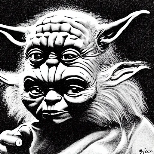 Prompt: Yoda as Joe Biden, political cartoon, vintage, portrait