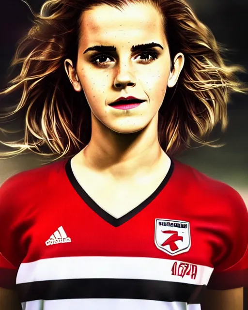 Image similar to a portrait of emma watson as a lokomotiv football player, hyper realistic, highly detailed