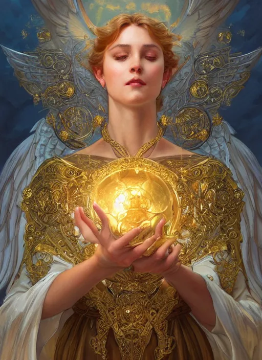 Image similar to close up portrait of beautiful angel holding golden orb of light, d & d, face, fantasy, intricate, elegant, highly detailed, digital painting, artstation, concept art, smooth, sharp focus, illustration, art by artgerm and greg rutkowski and alphonse mucha