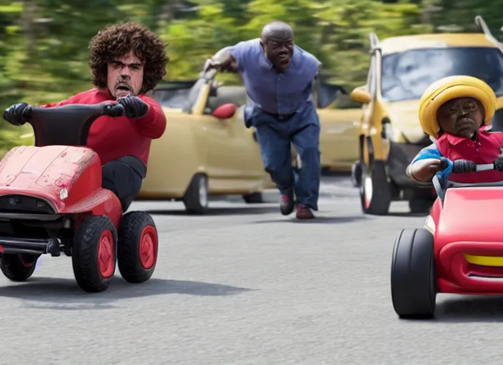 Image similar to peter dinklage racing gary coleman driving a little tikes cars, movie still, from the new fast and furious movie, 8 k, realistic