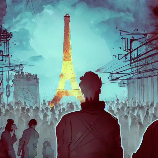 Prompt: A Guy standing a top of Eiffel tower, Zombie apocalypse, Zombie everywhere, Fire everywhere, Building destroyed, People screaming, Horde of zombies, digital art, anime style, -9