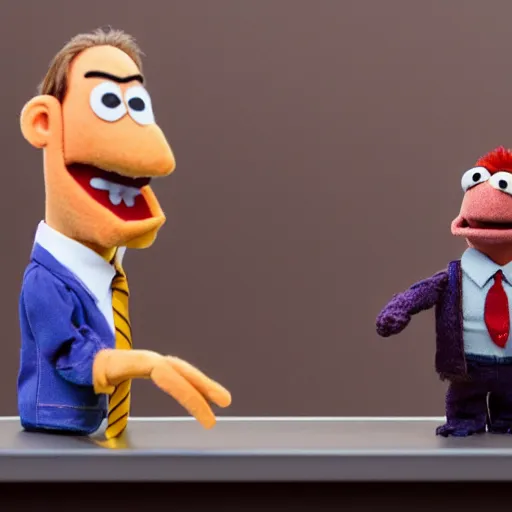 Image similar to Bob Odenkirk as Saul Goodman realistic Muppet puppet, wide lens, diorama, 4k,