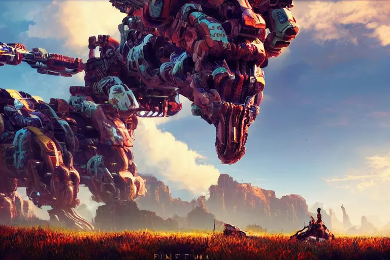 Image similar to snapmaw machine mecanical creature robot of horizon forbidden west horizon zero dawn bioluminiscence global illumination ray tracing hdr fanart arstation by ian pesty and alena aenami artworks in 4 k