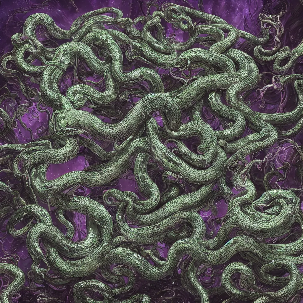 Image similar to beautiful medusa gorgon highly detailed snakes, cosmic horror, abstract, ghostly, arcade, duotone, poltergeist, epic lighting, intricate, elegant, highly detailed, smooth, sharp focus, photo real, ultra realistic, unreal engine 5, raytracing, in the style of beeple and mike winkelmann, ultraviolet colors,