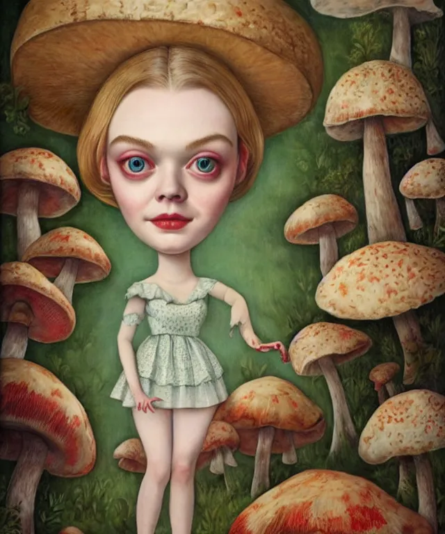 Prompt: portrait of Elle Fanning in wonderland, giant mushrooms, lowbrow painting by Mark Ryden