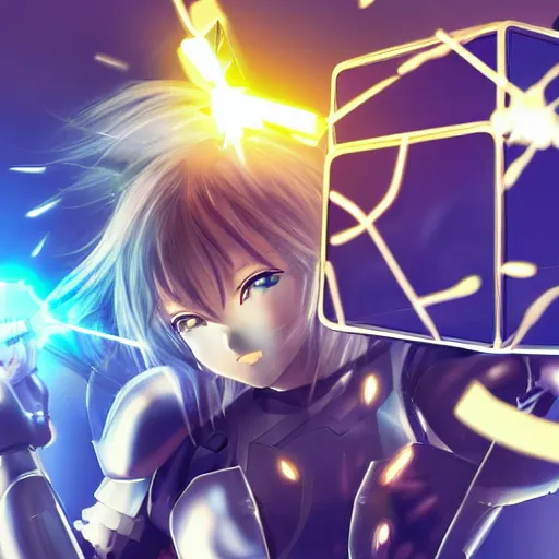 Prompt: anime girl with futuristic armor and glowing sword slicing in half a metal cube, futuristic background, sparks from the cube getting sliced, extremely detailed, intense, particles,