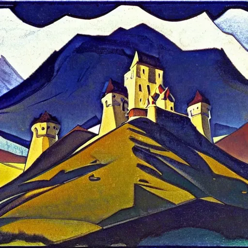 Prompt: A castle in the mountains by Nicholas Roerich