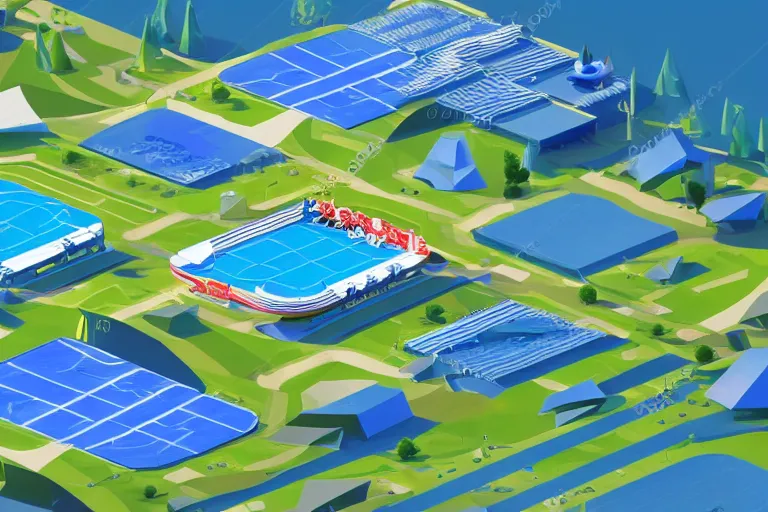 Prompt: isometric view of a high - tech sky arena inspired by modern skate parks and modern chinese playgrounds in the style of mario 3 d world, cinematographic shot, day