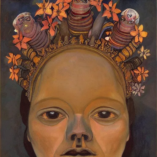 Image similar to the bone crown, by Annie Swynnerton and Nicholas Roerich and Diego Rivera, dark skin, elaborate costume, flowers, iridescent beetles, rich color, dramatic cinematic lighting, smooth, sharp focus, extremely detailed