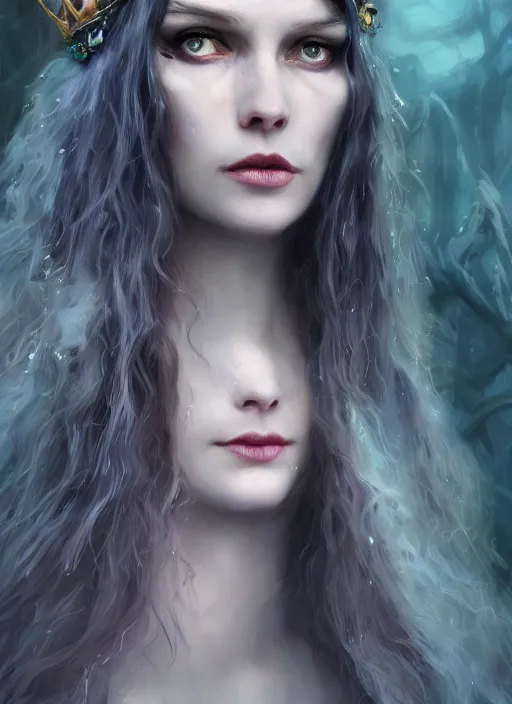 Image similar to pale, beautiful witch with long hair and a crown, fantasy, medieval, vivid colors, fantasy, elegant, concept art, sharp focus, beautiful face!!, digital art, Hyper-realistic, 4K, Unreal Engine, Highly Detailed, HD, Dramatic Lighting by Brom, trending on Artstation