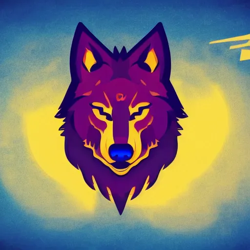Image similar to a nice beautiful e-sports logo of a howling wolf with full moon, svg vector, blue and yellow, flat colors