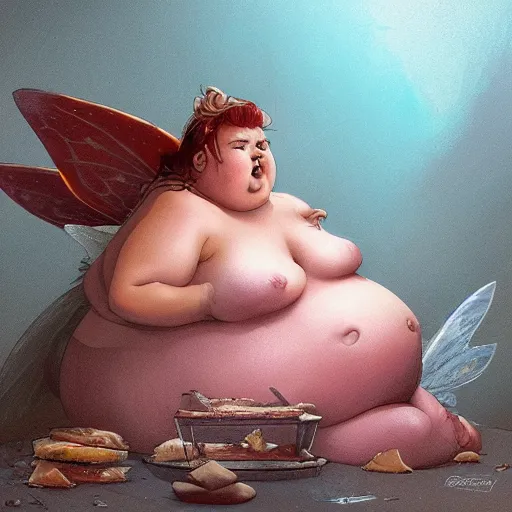 Image similar to a very fat fairy sitting in a messy room and burping because she ate too much pizza and junk food, fantasy art, illustration, amazing detail, in the style of greg rutkowski, artgerm, cgsociety