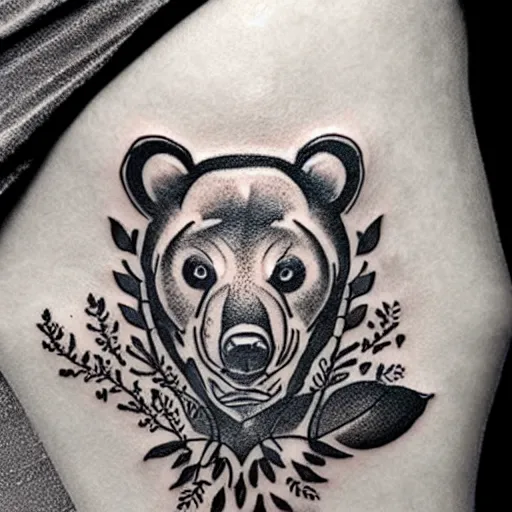 Image similar to tattoo design, stencil, bear, wreath surrounding bear