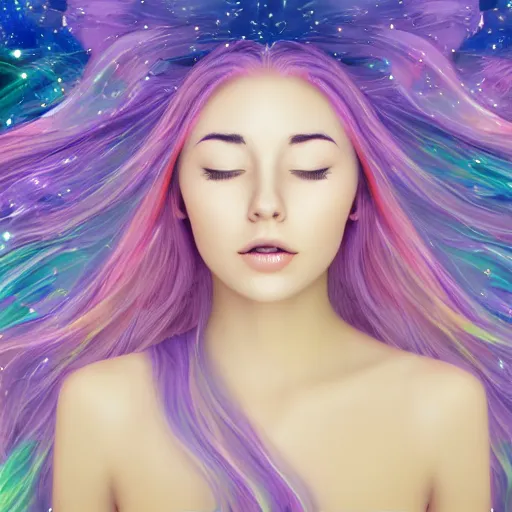 Prompt: portrait of a beautiful girl with iridescent translucent hair, her eyes are closed, hair is floating, digital art, ethereal, galaxy swirls, space