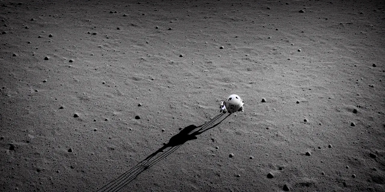 Image similar to black and white photo from the bright surface of the moon, rocket landing on moon, stars and space in the dark background, interstellar, christoper nolan, cinematic film still, sharp focus, high contrast, wide angle view, astrophotography, 4 k