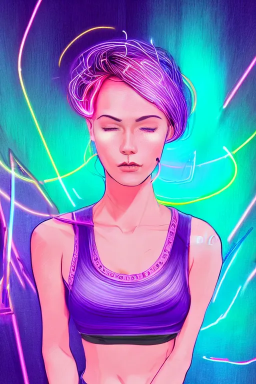 Image similar to a award winning half body portrait of a beautiful woman in a croptop and cargo pants with ombre purple pink teal hairstyle and hands in pockets by ari liloan, surrounded by whirling illuminated lines, outrun, vaporware, shaded flat illustration, digital art, trending on artstation, highly detailed, fine detail, intricate