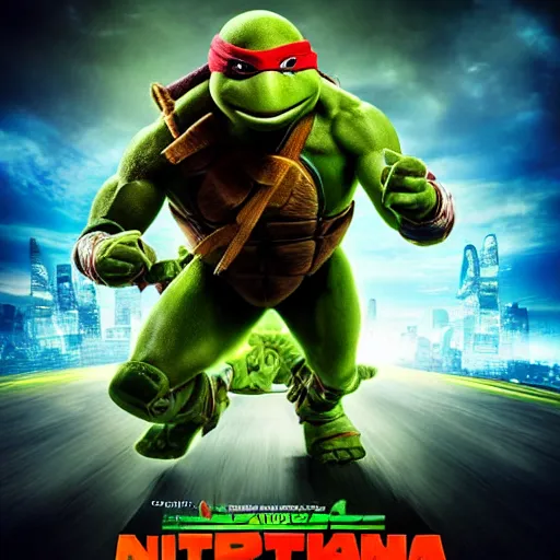 Image similar to teenage mutant ninja turtle, epic action movie poster, hyper realistic award winning photography, epic volumetric lighting, colorful, stunning glowing eyes