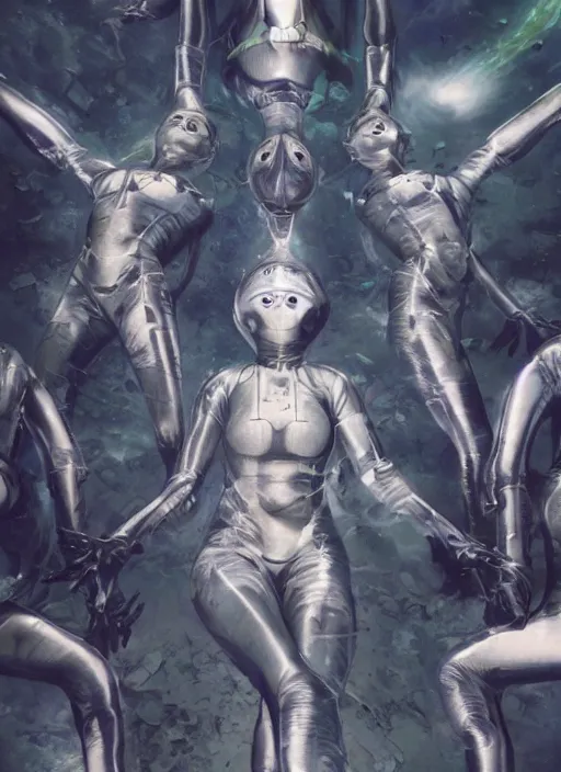 Image similar to astronauts girls in dark void underwater - complex and hyperdetailed technical suit design. reflection and dispersion materials. rays and dispersion of light. volumetric light. f / 3 2. noise film photo. flash photography. ultra realistic, wide angle. poster by wayne barlowe, hajime sorayama aaron horkey, craig mullins