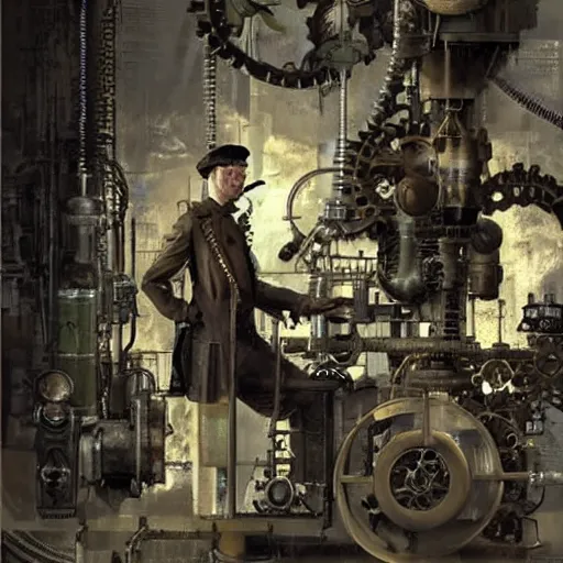 Image similar to A random pointless contraption ((steampunk)) industrial appliance pneumatic machine with no apparent purpose, being operated by a scholarly looking man with a clear directed gaze, artwork by Craig Mullins