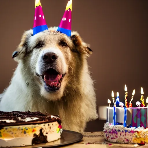 Prompt: a high - quality photo of a romanian shepherd dog with a birthday cake, 4 5 mm, f 3. 5, sharpened, iso 2 0 0, raw, food photography