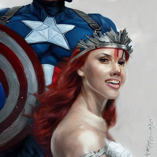 Image similar to captain america by scarlett johansson as an attractive young smiling woman wearing a mushroom crown and heavy armoured wedding dress, face portrait, hd shot, digital portrait, elegant, beautiful, fantasy art, artstation, comic style, by artgerm, guy denning, jakub rozalski, magali villeneuve and charlie bowater