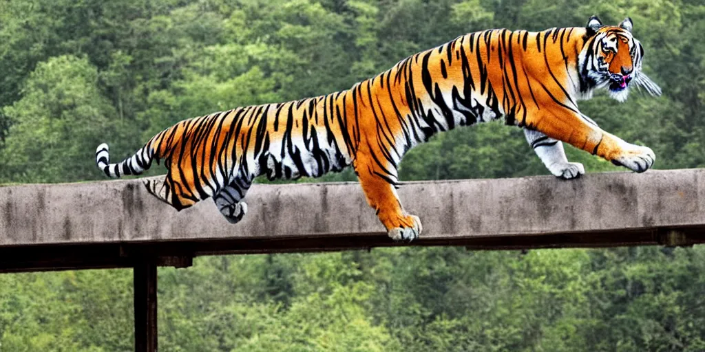 Image similar to a tiger running on a suspended bridge