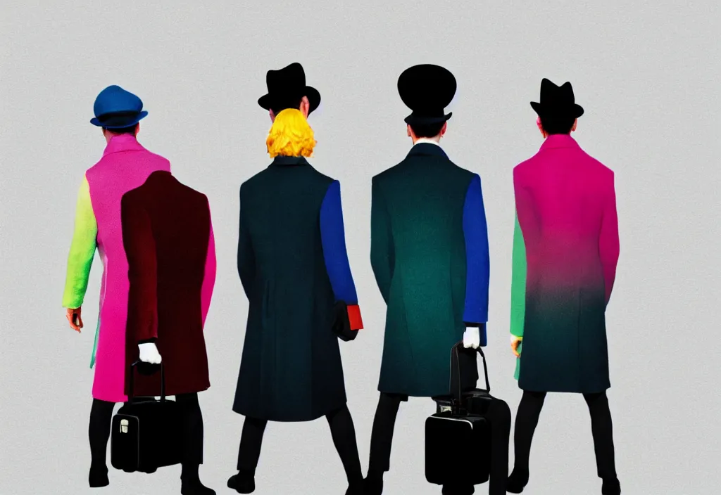 Prompt: full body portrait of a trio of young european tourists long coat travel apparel, with nikon cameras, various poses shooting photos, character designs painting, in the style of wes anderson, rene magritte, lola dupre, david hockney, isolated on white background, dark monochrome neon spraypaint accents volumetric octane render