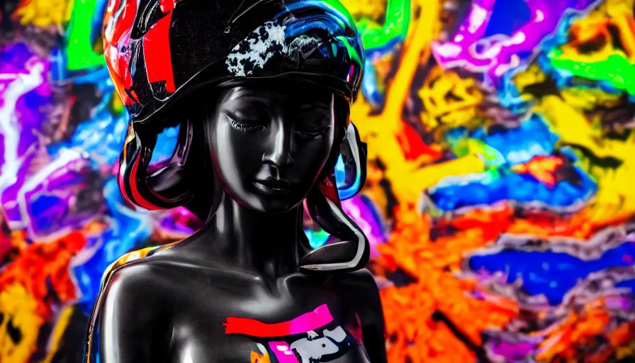 Image similar to extremely beautiful photo of a black marble statue of a girl with colorful motocross logos and motorcycle helmet with closed visor, colorful smoke in the background, carved marble statue, symmetrical, vogue, fine art, neon genesis evangelion, virgil abloh, offwhite, denoise, highly detailed, 8 k, hyperreal