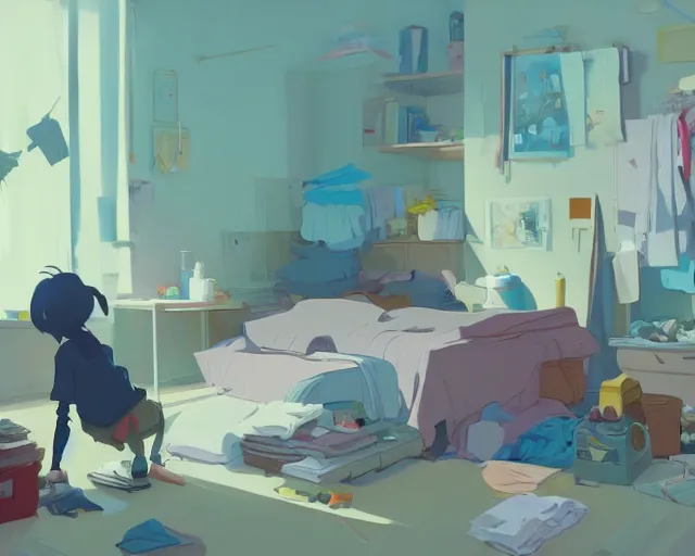 Image similar to an untidy room with laundry on the floor, detailed, by cory loftis, james gilleard, atey ghailan, makoto shinkai, goro fujita, studio ghibli, plain background