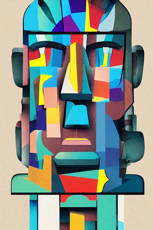 Image similar to cubist moai statue cutout digital illustration cartoon colorful beeple