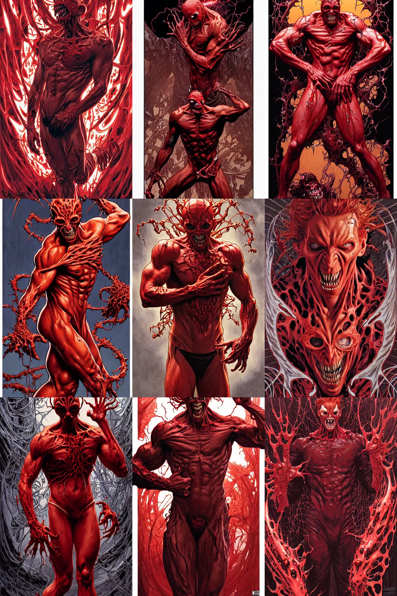Prompt: the platonic ideal of cletus kasady ultimate carnage - art by brock hofer, detailed, intricate, hyperrealism, intense, scary by artgerm and greg rutkowski and alphonse mucha