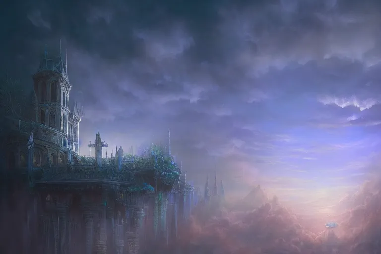 Prompt: A fantasy antic celestial city among the clouds, some light fog and fireflies, by Lee Madgwick and John Howe, Unreal Engine 5, trending on artstation, blue vaporwave color scheme