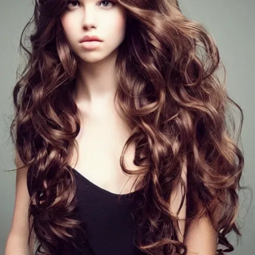 Image similar to add long wavy hair to photo, very pretty model, heart shaped face