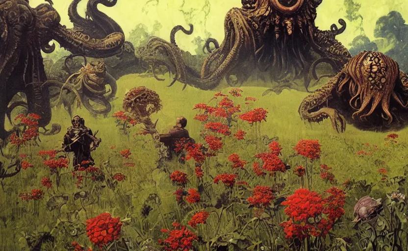 Image similar to cthulhu devouring a meadow with flowers and hedge mazes. lovecraftian horror. highly detailed science fiction painting by norman rockwell, frank frazetta, and syd mead. rich colors, high contrast, gloomy atmosphere, dark background. trending on artstation