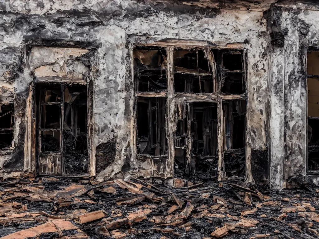 Image similar to old building, half of it is destroyed and burnt!, no fire, no smoke, black burnt ruins, photography, realism, dslr photo, 8 k, journalism