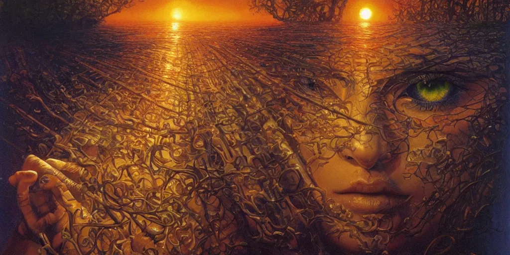 Image similar to Surreal. Vivid. Eyeballs. Beautiful. Golden. Hazel. Rays of light. WLOP!!!. Sunset. Captivating. James Paick. Gustave Baumann. Guy Denning. Jean Delville. Clyde Caldwell. Andrew Ferez. John Harris. Extremely detailed. 4K.