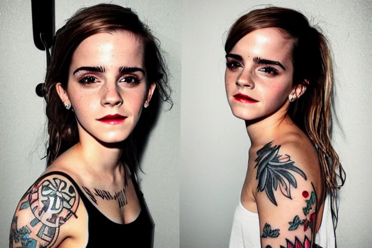 Image similar to emma watson, dope tattoo, hyperrealistic