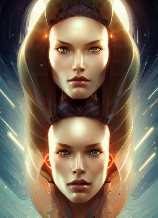 Image similar to futuristic woman portrait, sci-fi, amber eyes, face, long hair, fantasy, intricate, elegant, highly detailed, digital painting, artstation, concept art, smooth, sharp focus, illustration, art by artgerm and greg rutkowski and alphonse mucha