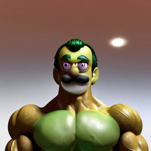 Prompt: Amazing detailed render of a shirtless Luigi as a body builder in a weight lifting competition, extremely muscular, steroids, veins popping out, lifting a massively oversized weight, a crowd is cheering in the background, 3D, unreal engine, HDR, massive muscles, detailed face with moustache, detailed eyes with pupils, face is visible, detailed green Luigi \'L\' on his hat