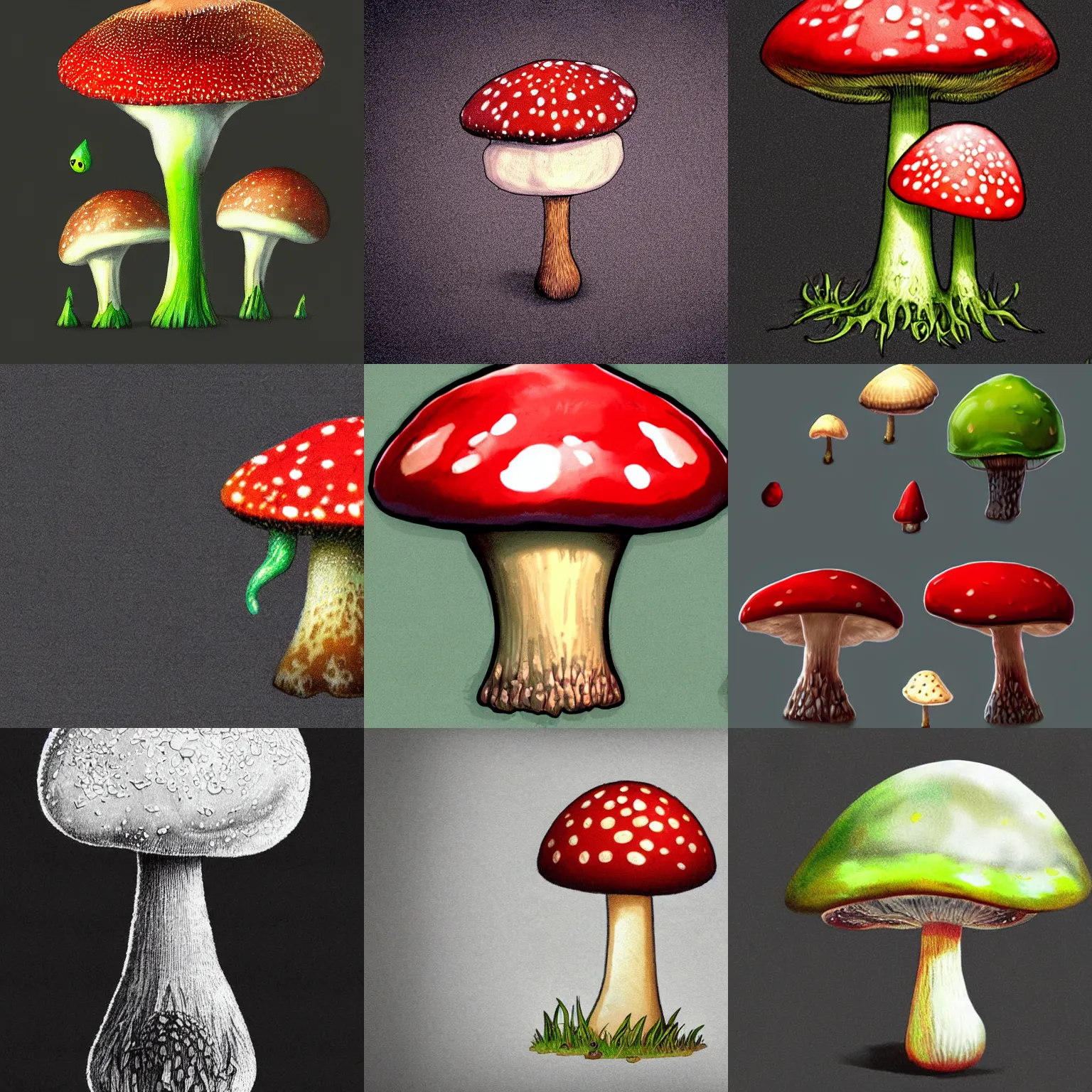 Prompt: an amanita mushroom, highly detailed, organic, concept art, sprite from a gorgeous indie platform game, on a black background