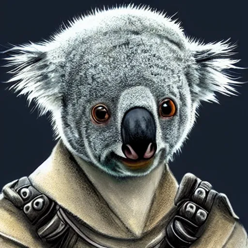 Image similar to A koala dressed like in Mad Max in the style of a DnD character portrait, concept art