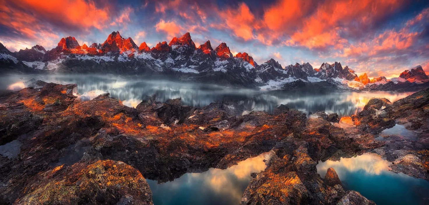 Image similar to amazing landscape photo of mountains with lake in sunset by marc adamus, beautiful dramatic lighting