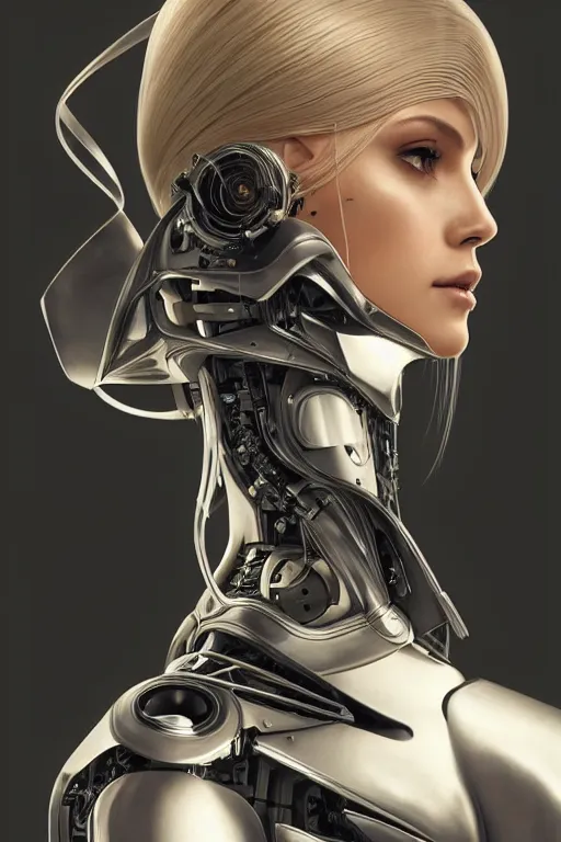 Image similar to Mechanical female android looking, cinematic lighting, intricate, elegant, super highly detailed, art station, concept art, smooth, sharp focus, no blur, no dof, extreme illustration, Unreal Engine 5, Photorealism, HD quality, 8k resolution, cinema 4d, 3D, beautiful, delicate, art by artgerm and greg rutkowski and alphonse mucha and loish and WLOP