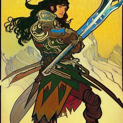 Image similar to painting of elf paladin with long dark hair fighting group of goblins with his sword, wearing armor, modest, lots of goblins, goblins everywhere, art by alphonse mucha, vincent van gogh, egon schiele,