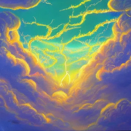 Prompt: beautiful oil painting of golden eastern dragon alone in sky, green lightning, night clouds, above city
